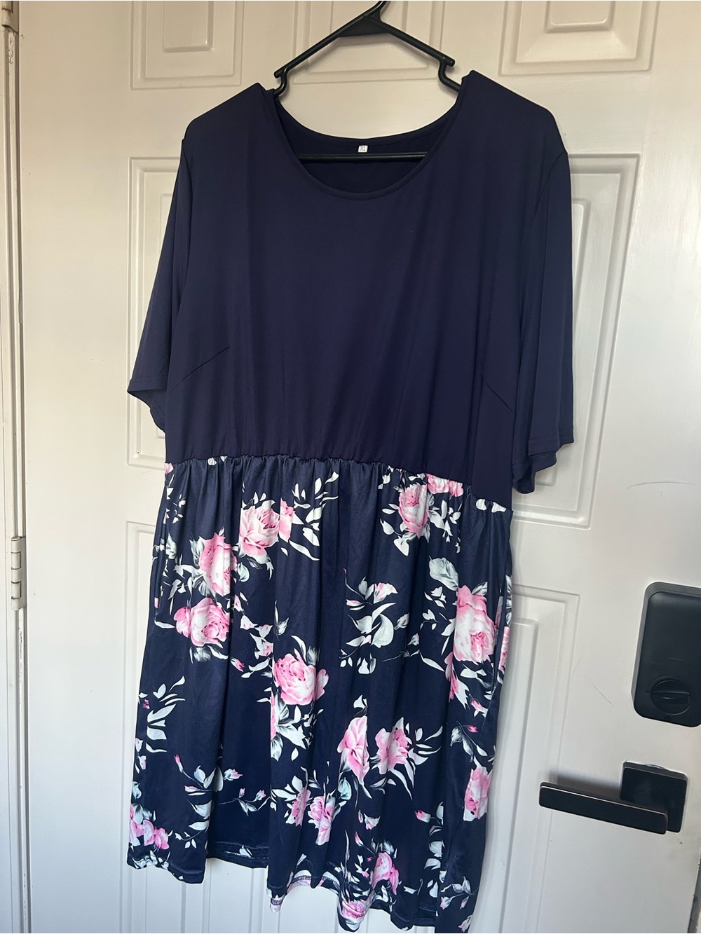 Navy Floral Waist-Detail Dress with Pink Roses